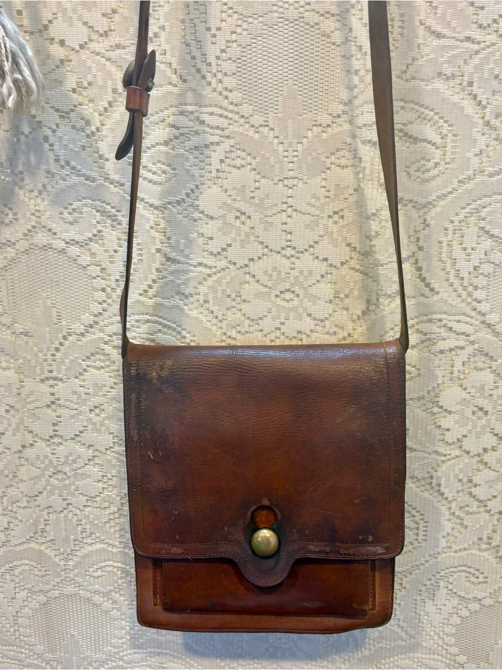 Vintage Brown Leather Crossbody Bag with Brass Accents